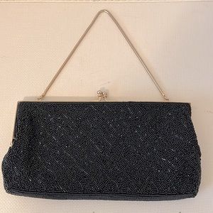 Vintage Black Beaded Kiss Lock Evening Bag